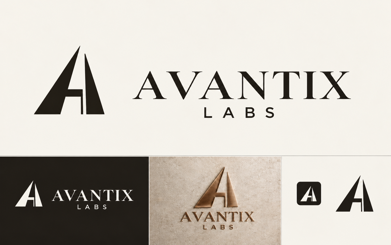 AVANTIX LABS Architectural A logo, with ivory, reversed, bronze and icon applications