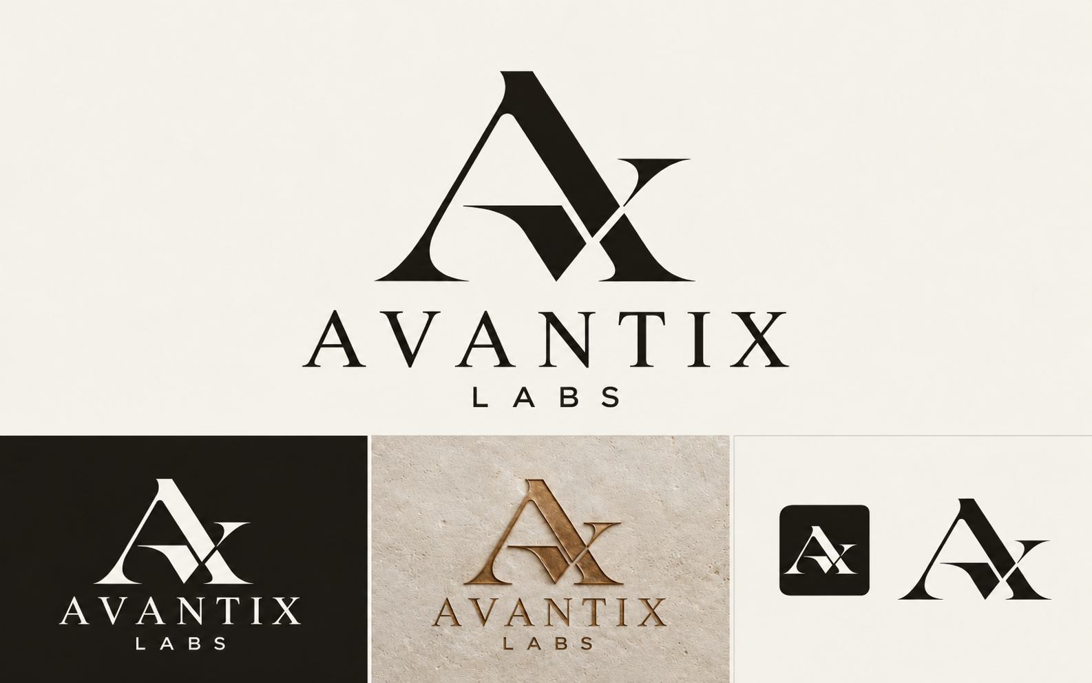 AVANTIX LABS AX Monogram logo, with ivory, reversed, bronze and icon applications