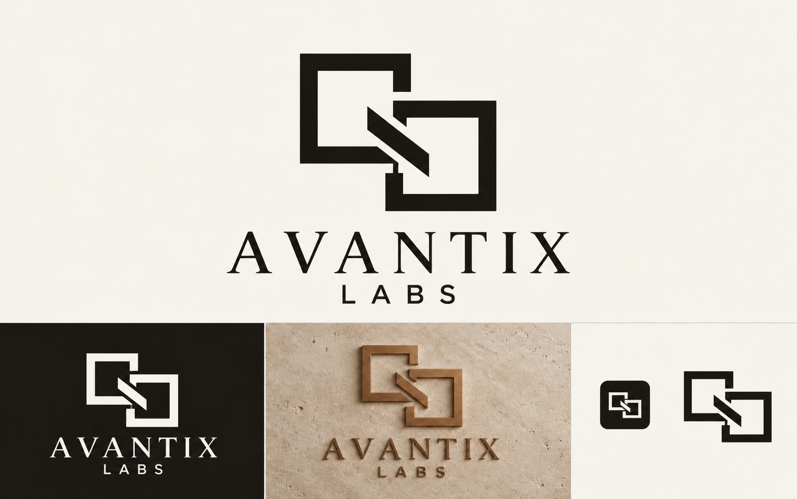 AVANTIX LABS Linked Frames logo, with ivory, reversed, bronze and icon applications
