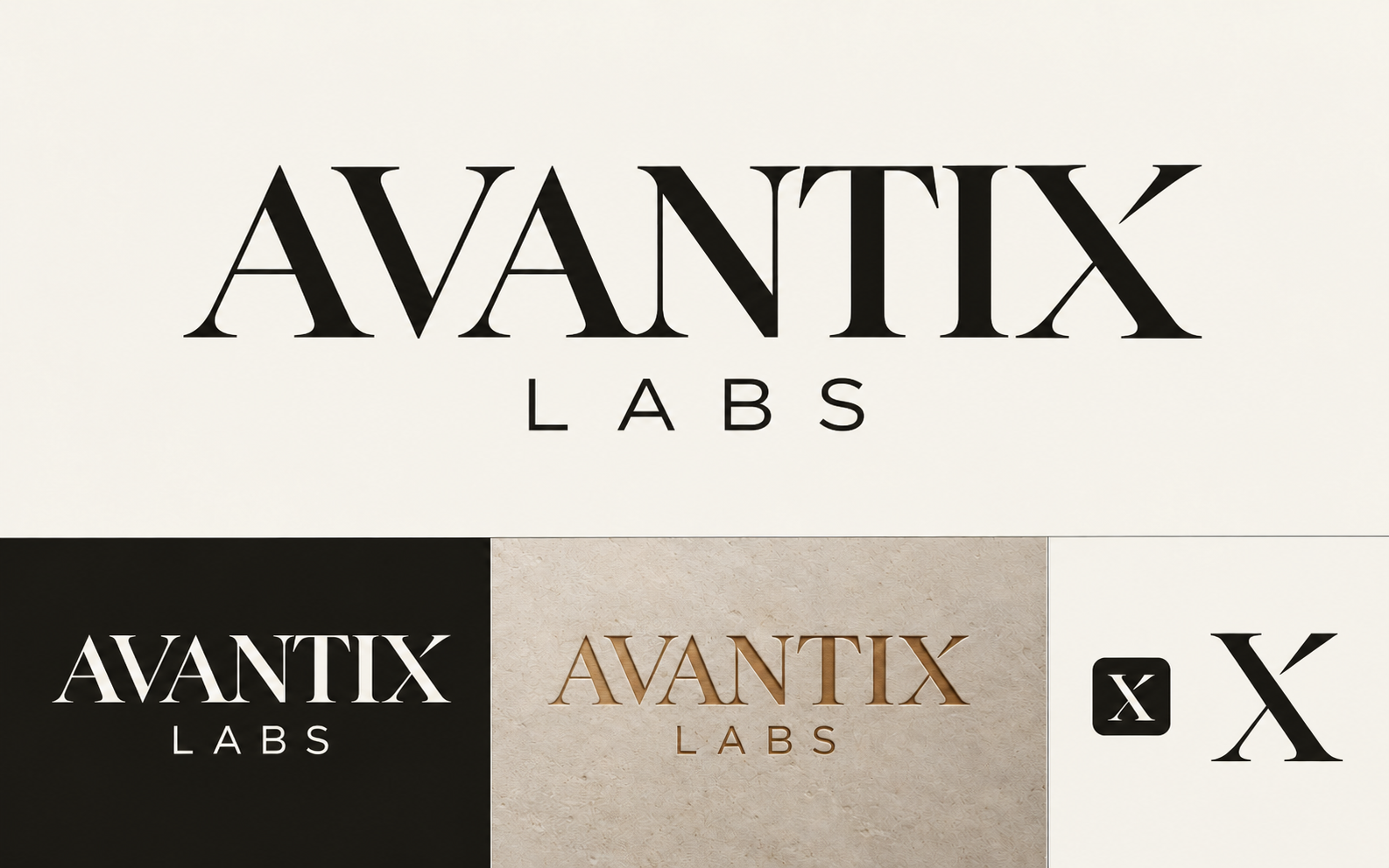 AVANTIX LABS Editorial Wordmark logo, with ivory, reversed, bronze and X icon applications