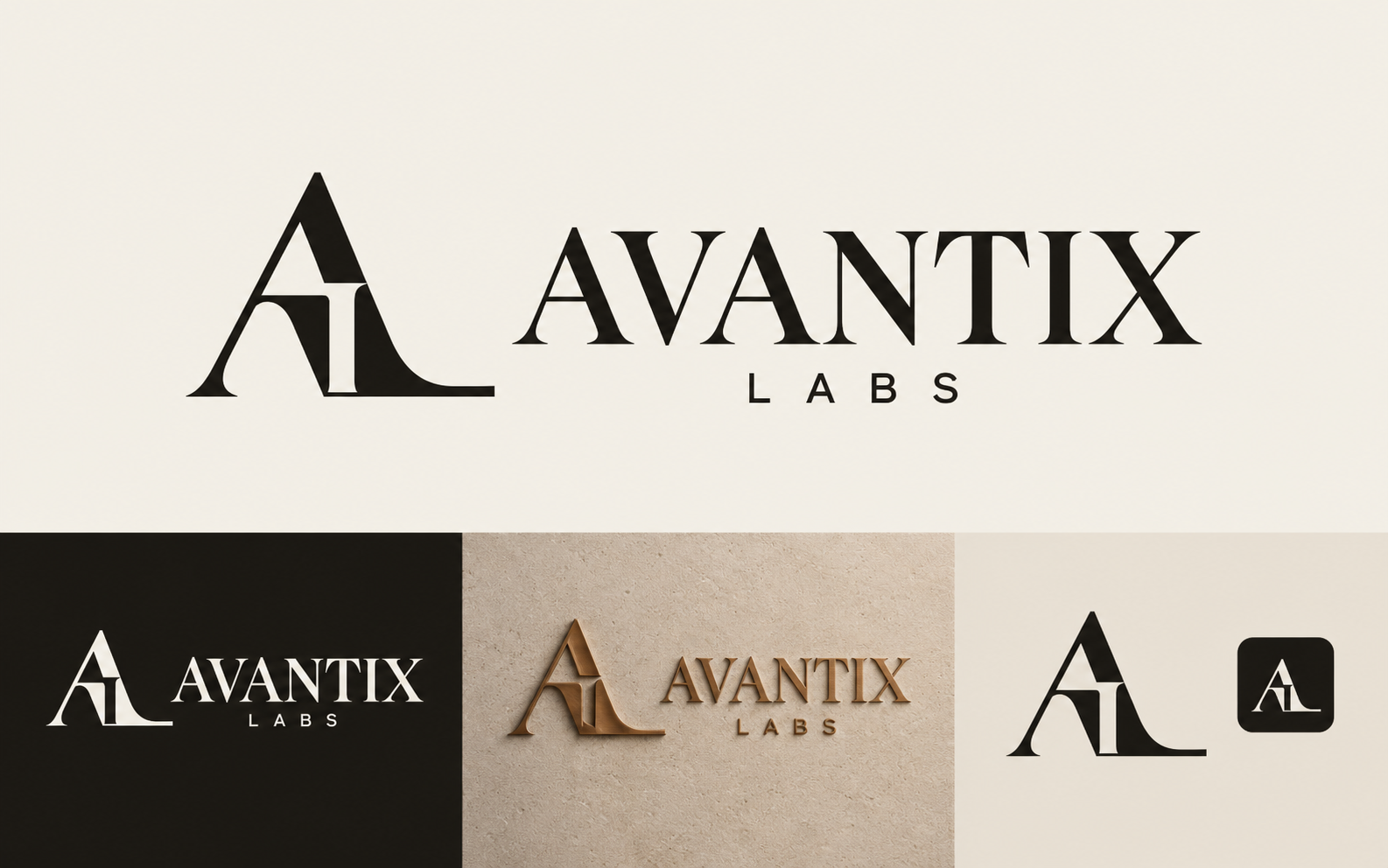 AVANTIX LABS AL Signature logo, with ivory, reversed, bronze and icon applications