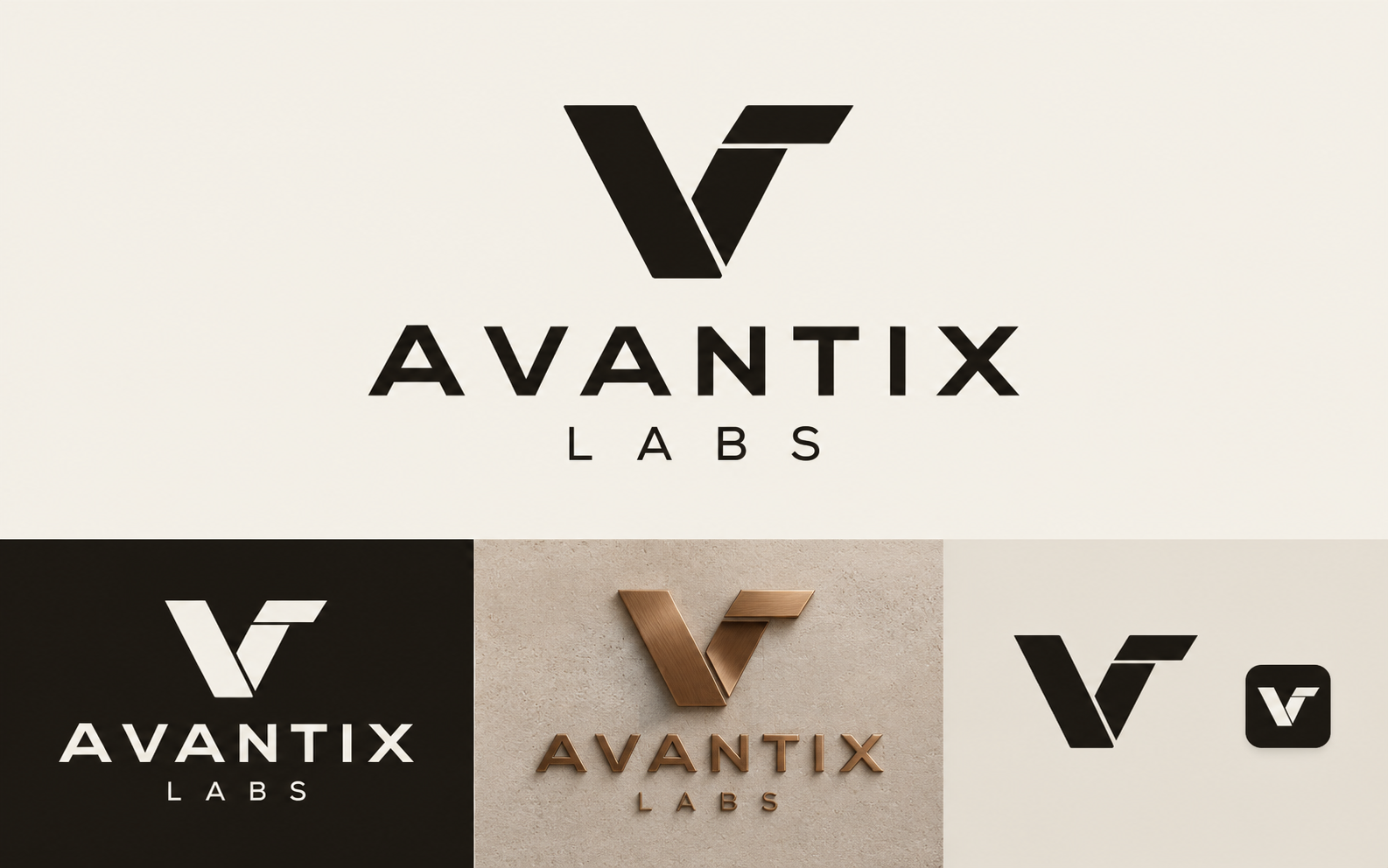 AVANTIX LABS Folded V logo, with ivory, reversed, bronze and icon applications