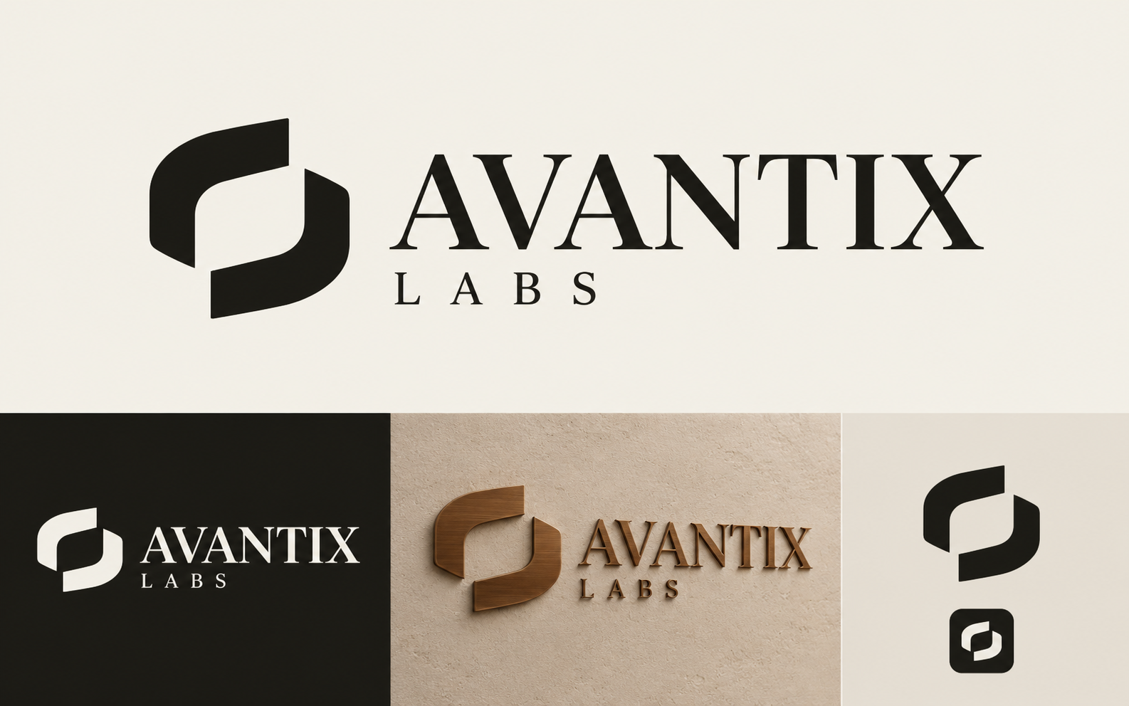 AVANTIX LABS Open Aperture logo, with ivory, reversed, bronze and icon applications