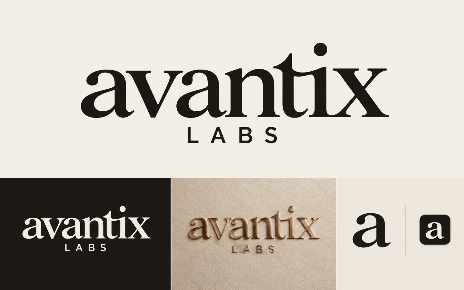 Avantix Labs lowercase Humanist Wordmark, with ivory, reversed, bronze and lowercase a icon applications